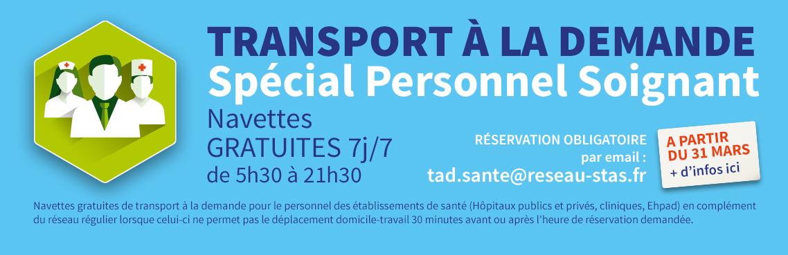 STAS_Officiel's tweet photo. 👩‍⚕️👨‍⚕️Vous travaillez dans un établissements de santé ?
A partir de mardi 31 mars, @SteMetropole Métropole et la STAS mettent à votre disposition des navettes de transport à la demande gratuites 7j/7 de 5h30 à 21h30.
+ d'infos >> https://t.co/oWS5GwUHTs https://t.co/LHNAh7TD6w