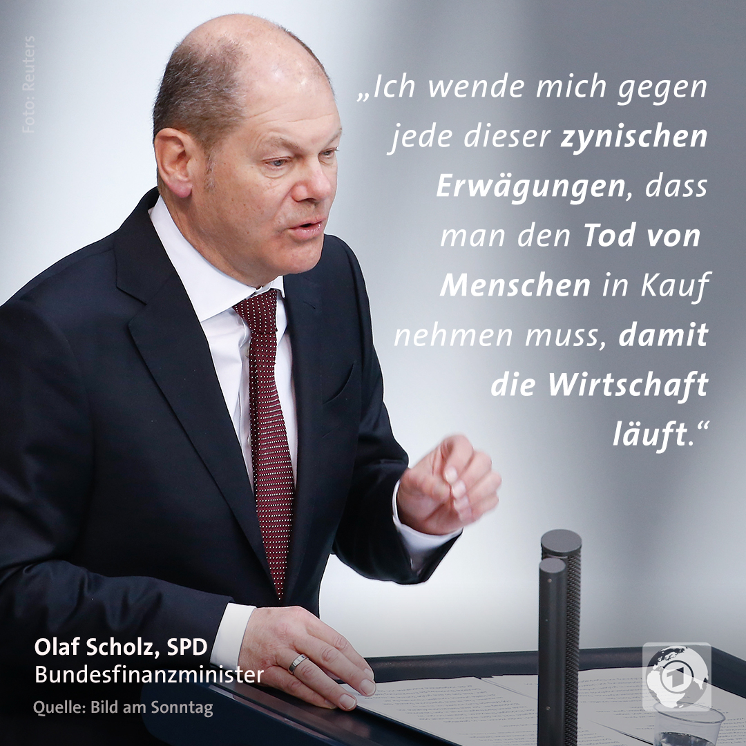 tagesschau's tweet photo. Bundesfinanzminister Olaf Scholz lehnt eine Lockerung der Maßnahmen zur Eindämmung des #Coronavirus aus wirtschaftlichen Gründen ab. #COVID19 #WirvsVirus https://t.co/k51ta7hzGa