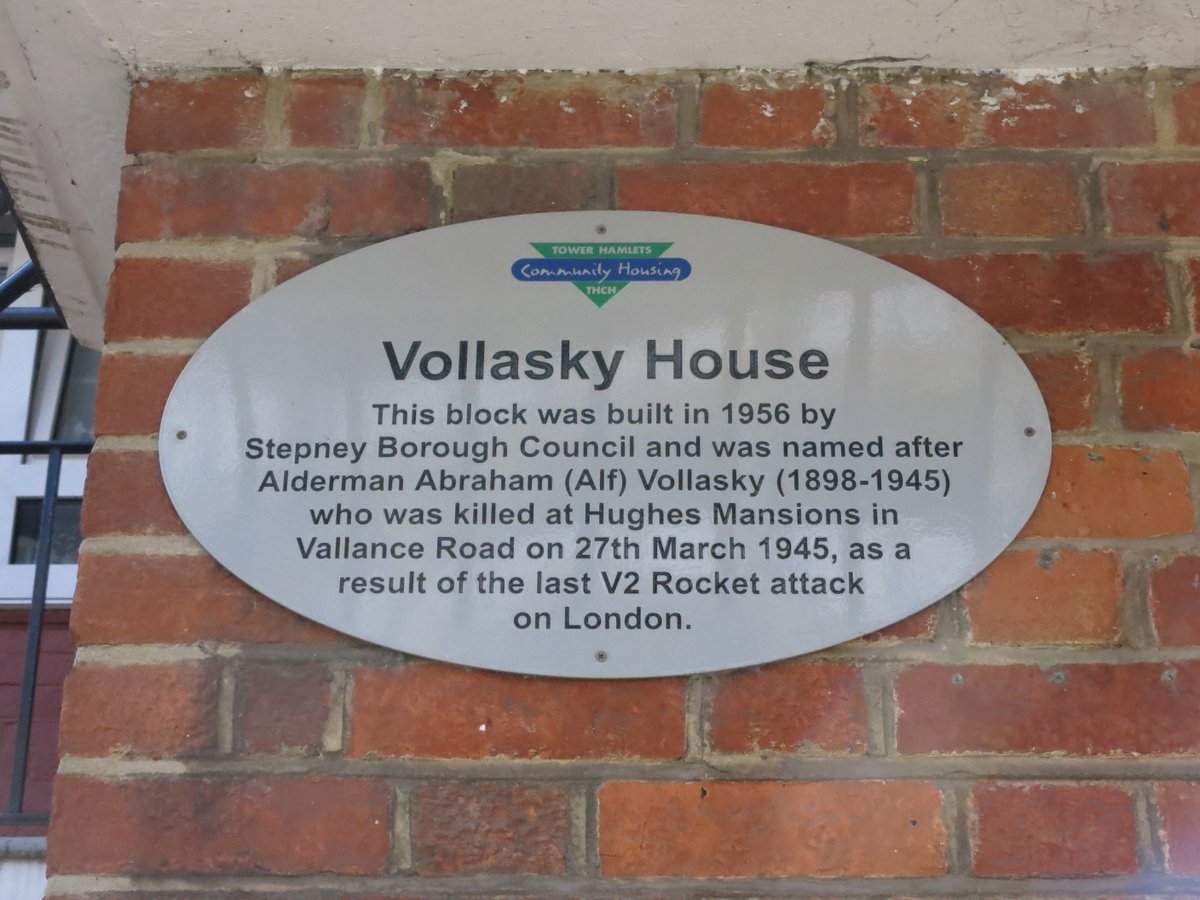 7/ Cutting west to Woodseer Street, Vollasky House, built by Stepney Metropolitan Borough Council in 1956. As the plaque says, named after 'Alf' Vollasky, a Stepney councillor killed in the Hughes Mansion V2 attack.