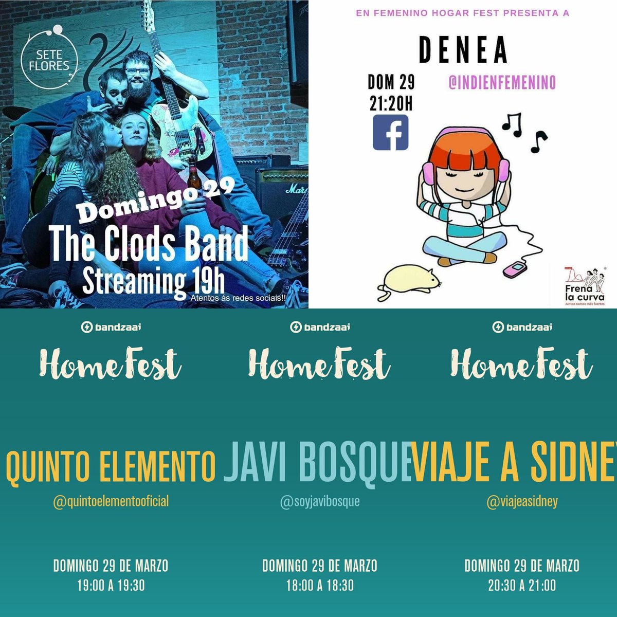 ¡Horarios del #SuperDomingo musical! 🎶 

◾#HomeFest de <a href="/bandzaai/">Bandzaai</a> 
18:00h <a href="/soyjavibosque/">Javi Bosque</a>
19:00h <a href="/Quintoelementof/">QUINTO ELEMENTO</a>
20:30h <a href="/SidneyViaje/">Viaje a Sidney</a>

◾19:00h <a href="/ClodsBand/">The Clods Band</a> gracias al Sete Flores 💙.

◾21:20h Irene de <a href="/deneaband/">Denea</a> a las 21:20h en FACEBOOK #EnFemeninoHogarFest <a href="/indienfemenino/">INDIE EN FEMENINO</a> ❤