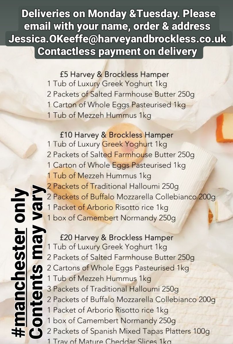IdisAbrie's tweet photo. Delivery available to #Manchester  on Monday &amp; Tuesday. Please email with your name, address &amp; order.
Jessica.OKeeffe@harveyandbrockless.co.uk 
Please share with friends, family &amp; neighbours.
.
Please note contents may vary, no additions or subs possible
.
.
.
#Manchester #food https://t.co/WTYOzXEHn0