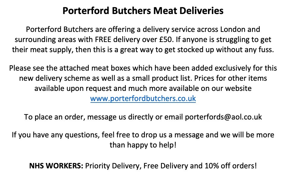 Porterfords's tweet image. We are taking orders for this week from Wednesday onwards but slots are going fast so get your order in soon.

We are also offering a 'Fish Box' along with any box purchased from us.

To place an order message us directly or email porterfords@aol.co.uk

porterfordbutchers.co.uk