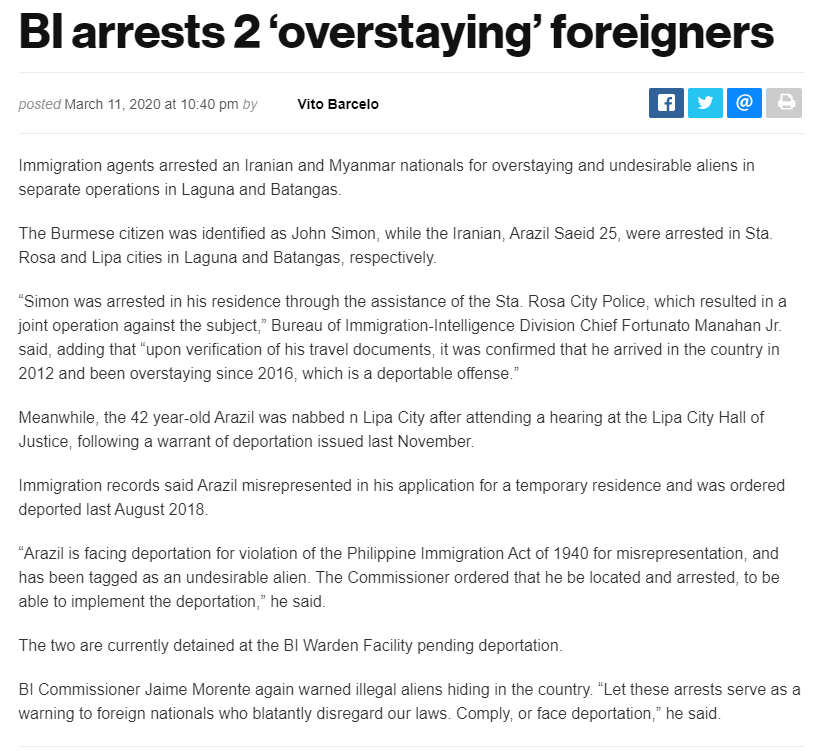 JUST IN: He was on the news last March 11, 2020.  https://manilastandard.net/news/national/319441/bi-arrests-2-overstaying-foreigners.htmlSo your cause for arrest is arrival at 2012, overstaying since 2016? Check your data IMMIGRATION. Baka naduduling kayo sa paghahanap ng bagong biktima na mapagkakaperahan nyo  #FreeSimonDoe  #JusticeForSimon