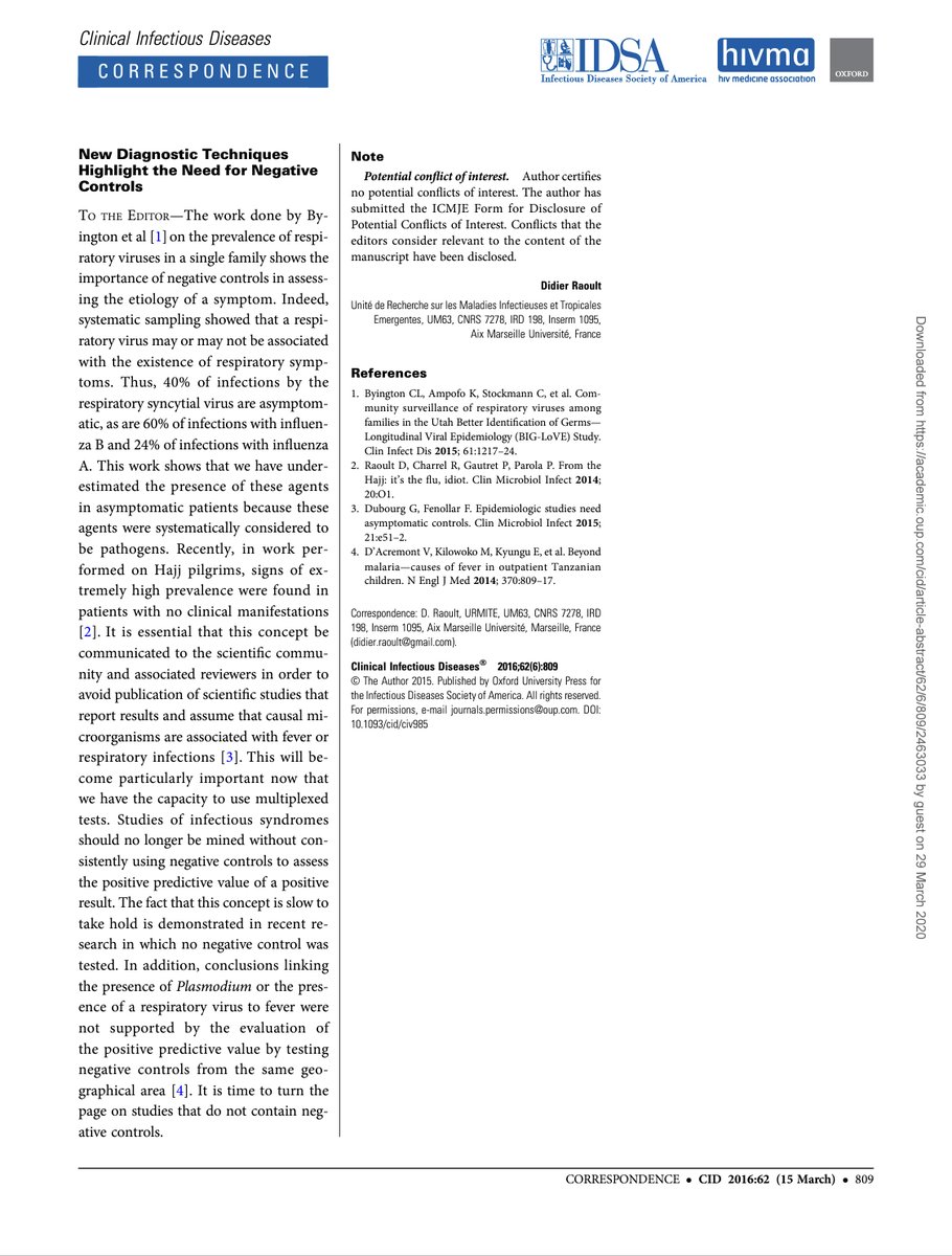 PotardDechaine's tweet image. Voici le commentaire publié par le Pr Raoult publié au sujet d’une étude observationnelle sur la prévalence de virus respiratoires. Lisez bien ce commentaire et sa dernière phrase, “Il est temps de tourner la page sur les études qui ne contiennent pas groupe contrôle négatif” !!!