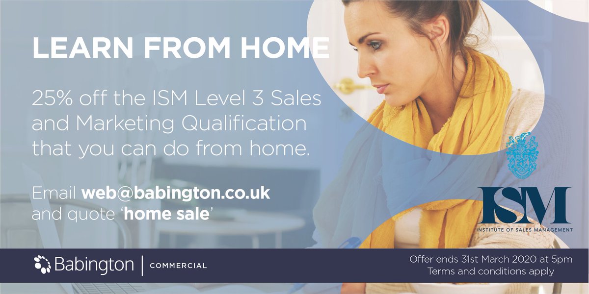 Develop your Sales skills from home with our online courses. We are now offering 25% off our ISM Level 3 qualifications to help you reach your career aspirations. Find out more about this digital course: babington.co.uk/courses/sales-… #salestraining #learnfromhome #distancelearning