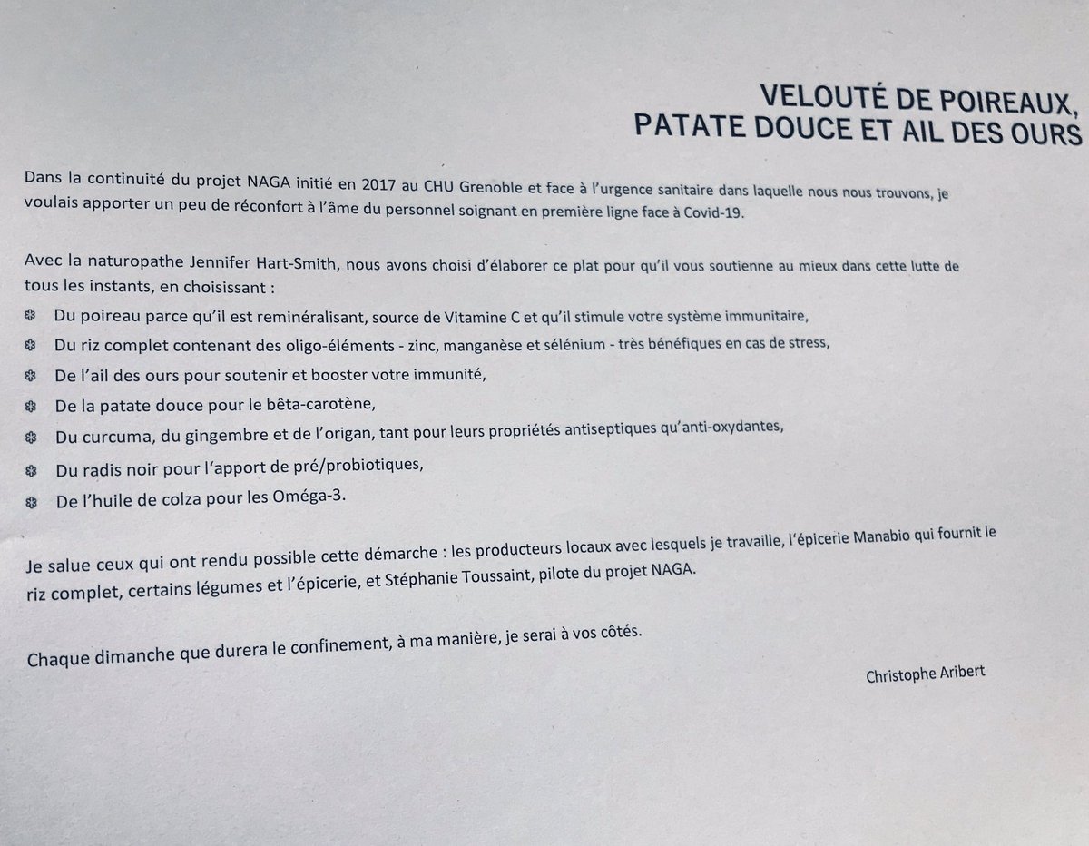 CHU Grenoble Alpes (@chu_grenoble) on Twitter photo Merci Chef <a href="/C_Aribert/">Christophe Aribert</a> pour ces repas, distribués aux équipes du <a href="/CHU_Grenoble/">CHU Grenoble Alpes</a> mobilisés pour le #COVID-19 ce dimanche !
Une recette pleine d’énergie travaillée avec de bons produits ! 👏👨🍳 #soutienCHUGA Merci Chef <a href="/C_Aribert/">Christophe Aribert</a> pour ces repas, distribués aux équipes du <a href="/CHU_Grenoble/">CHU Grenoble Alpes</a> mobilisés pour le #COVID-19 ce dimanche !
Une recette pleine d’énergie travaillée avec de bons produits ! 👏👨🍳 #soutienCHUGA
