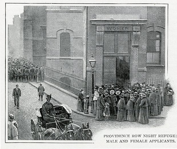 9/ Across to Crispin Street, Providence Row, a night shelter housing 350 women and children and 50 men, founded by Father Daniel Gilbert and Sisters of Mercy in 1860. The currently building (closed 2002, now student accommodation), designed by Messrs Young, opened in 1868.