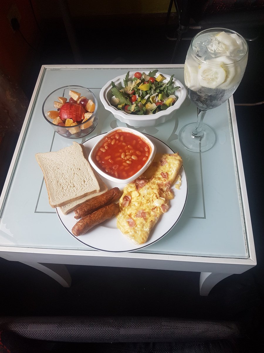 Quarantine cuisineSundays are for brunchBaked beans, toast, ham and cheese omelette, sausageSide salad made from rocket, avocado, red onion, cherry tomatoes and grated cheeseFruit salad made with grapes, apples and tangerinesCucumber infused water