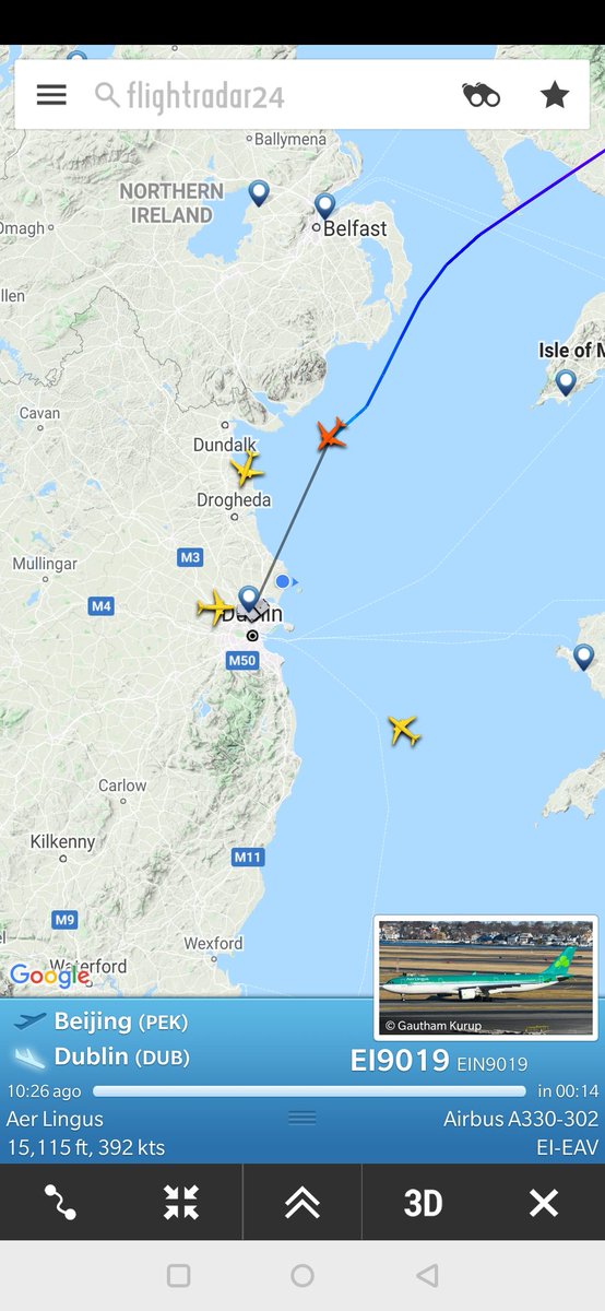 Leubert's tweet image. Aer Lingus A330 flight from China carrying €28 million worth of PPE about to land in Dublin