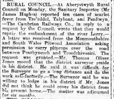 Interestingly, it wasn’t only the influenza causing chaos in Ceredigion – with also an outbreak of scarlet fever in the north of county at Tre’r Ddol, Tal-y-bont, etc. 