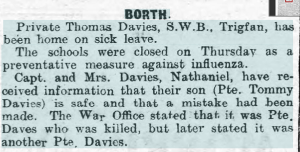 By the 8/11/18 edition of the CN, more measures had been pursued with the hope of combating the spread of the influenza – closing the school in nearby village of Borth (also, spare a thought for Capt. & Mrs Davies!). Schools in Aberystwyth would also remain closed for a week.