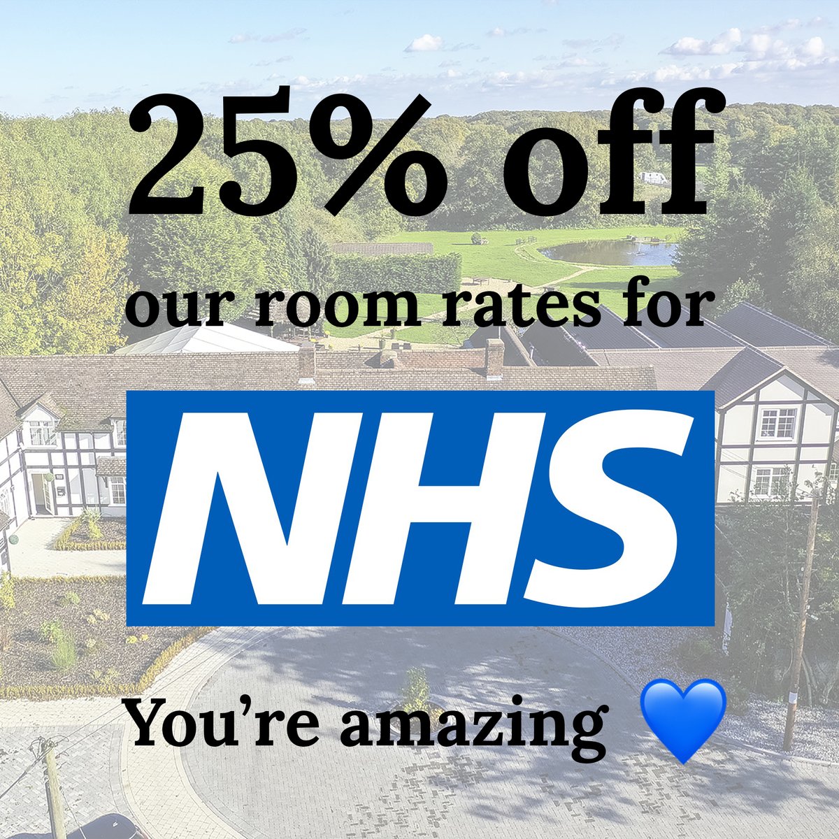 💙 25% off room rates for our amazing NHS staff 💙

Please call us on 01564 703 444.

In line with Gov guidance, we're still open for room bookings to those who are unable to stay at their primary residence &amp; to NHS and other essential key workers keeping the country running.