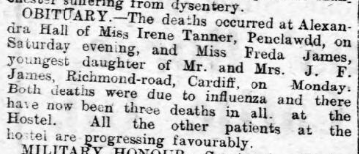 There seems to have been a worrying situation at the town’s Alexandra Halls ‘hostel’ (student accom?) where the influenza had killed 3 people. Sad notice was also given of the passing of postman Arthur Lane of pneumonia (Spanish Flu?) – his son had died 5 days prior.