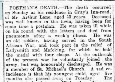 There seems to have been a worrying situation at the town’s Alexandra Halls ‘hostel’ (student accom?) where the influenza had killed 3 people. Sad notice was also given of the passing of postman Arthur Lane of pneumonia (Spanish Flu?) – his son had died 5 days prior.