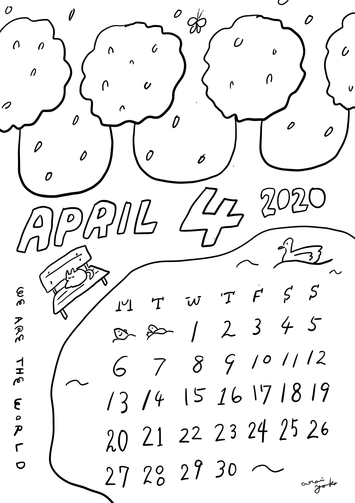 アライヨウコ 𝚈 𝙾 𝙺𝙾 𝙰𝚁𝙰𝙸 塗り絵 カレンダー描いたよ おうち時間を生かして 楽しいことしよう とアライ イラスト部門から４月のカレンダー塗り絵が届きました お花見したかった て人はお家に小さな桜を咲かせてみたり 新緑が好き