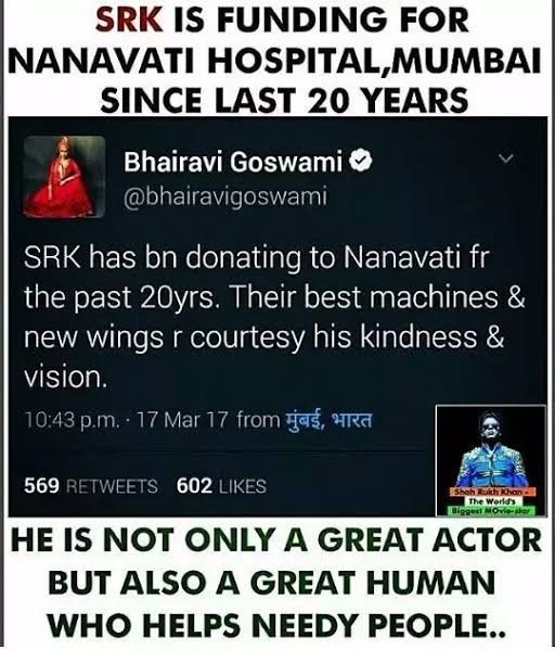 AskSRK_'s tweet photo. From last 23 years he is lonely taking the charge of Nanavati Hospital.. He is supplying the hospital best machines and other facilities but he has never talked on camera about this deed.. 
#StopNegativityAgainstSRK https://t.co/2m0CRmwQl5