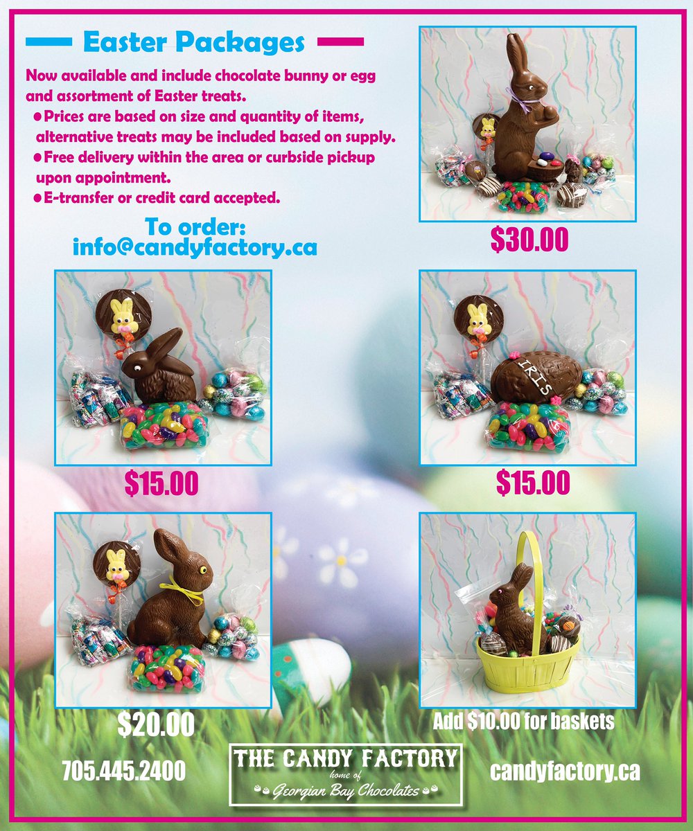 CandyFactoryInc's tweet image. Now offering a range of #easter packages for families of all sizes. Email info@candyfactory.ca to order #supportlocalBusiness @TownCollingwood @Clearview_twp  @MYCOLLINGWOODca @thepeakfm