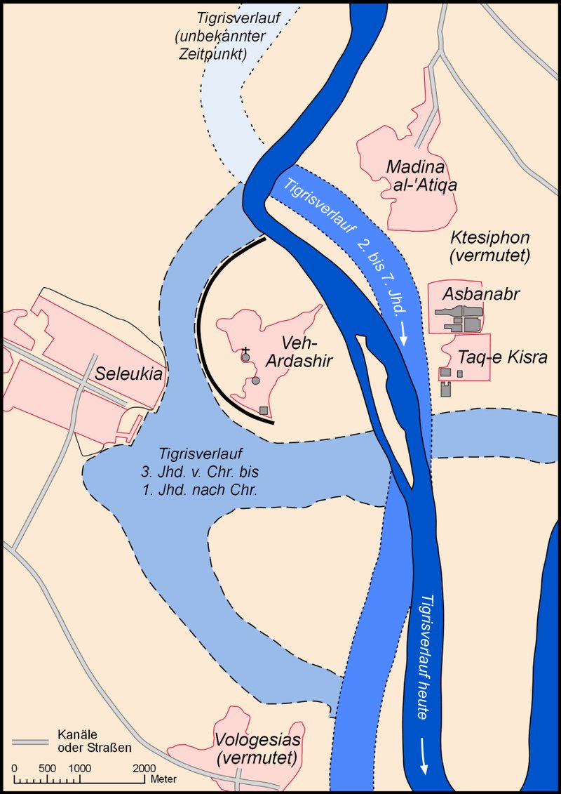 Map of Seleucia-Ctesiphon in the Sassanid era.Ctesiphon, 35 kilometres southeast of modern Baghdad, was founded by Parthians in 120 AD. Ctesiphon measured 30 square kilometers, more than twice the surface of 13.7-square-kilometer fourth-century imperial Rome.