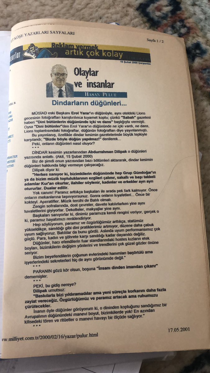 aDilipak's tweet photo. 17.5.2001 Milliyet’te hasan Pulur yazmış. Olacaklar o gündem belliydi https://t.co/s6epq07BcT