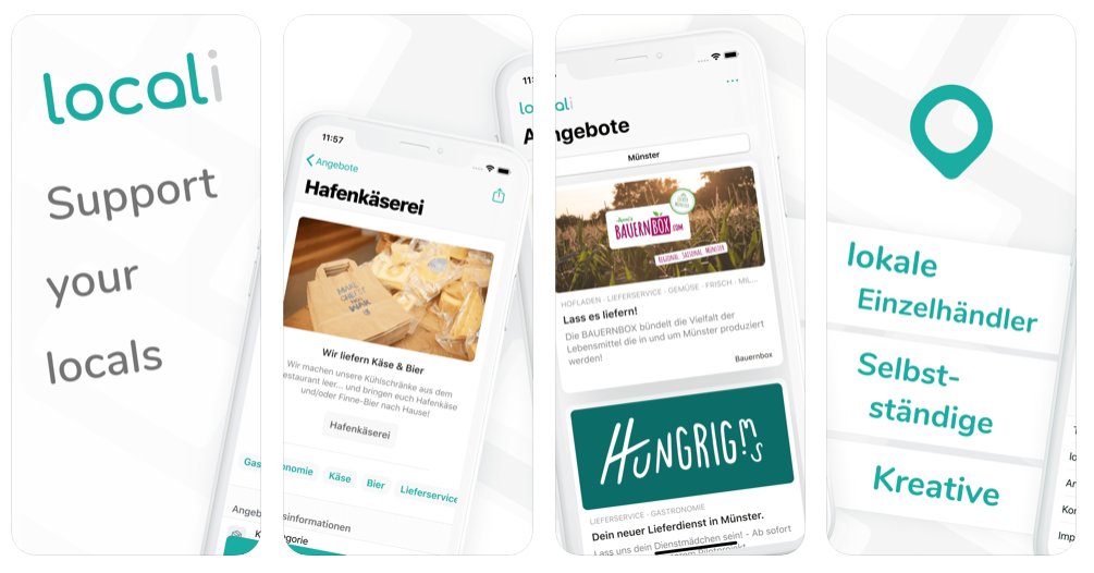 locali - Support your locals

Ein Projekt entstanden während dem @WirvsVirusHack ist nun endlich auch im #AppStore verfügbar 🚀

apps.apple.com/de/app/locali-…

#WirvsVirus #locali_App #Supportyourlocals #Muenster 
<a href="/localiApp_DE/">locali - Support your locals</a>