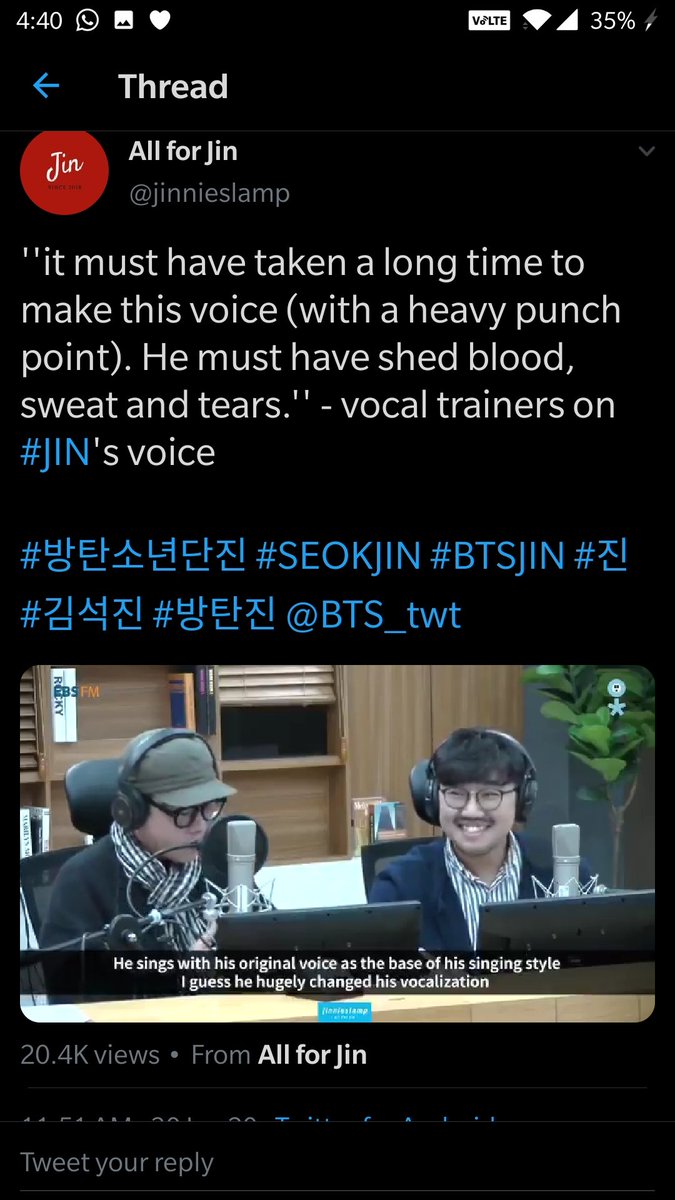 Vocal coaches on a podcast telling how hard Seokjin has worked on making his voice a strong type and also saying"His voice is Wonderful""We can check his high note in Jins solo track Awake"The way he is acknowledged by all as hard working  @BTS_twt  #방탄소년단진