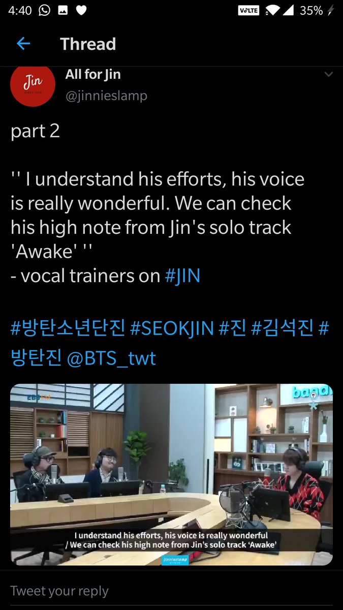 Vocal coaches on a podcast telling how hard Seokjin has worked on making his voice a strong type and also saying"His voice is Wonderful""We can check his high note in Jins solo track Awake"The way he is acknowledged by all as hard working  @BTS_twt  #방탄소년단진