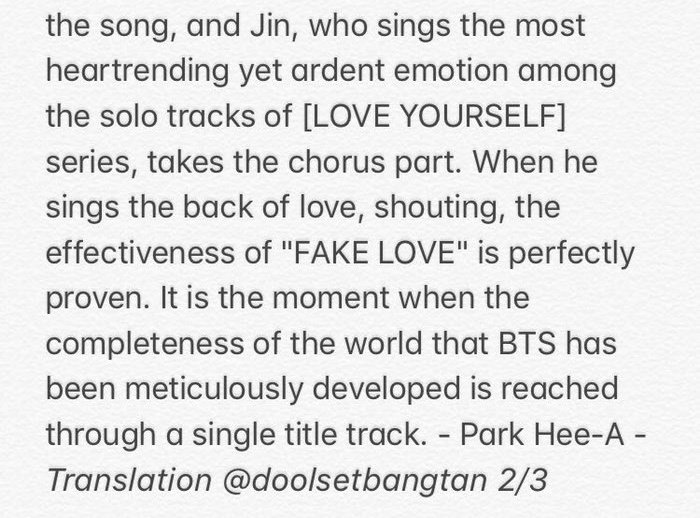 KMA saying Seokjin sings the most heartrending and ardent part of the song Fake love and he singing the chorus part gave a completeness to the song  @BTS_twt  #방탄소년단  #진  #석진  #방탄소년단진  #방탄진  #JIN  #SEOKJIN  #BTSJIN