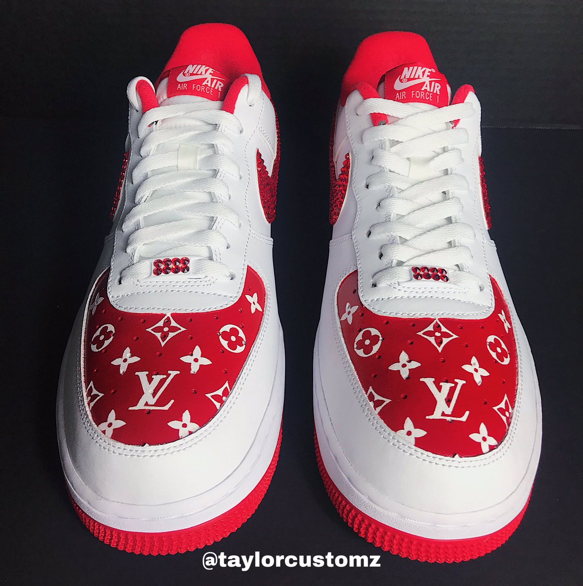 taylorcustomz's tweet photo. Red Louis Vuitton Crystal Air Force 1s. Available in all colors. #lvcustom #af1custom #louisvuitton https://t.co/8NwgORtVc5