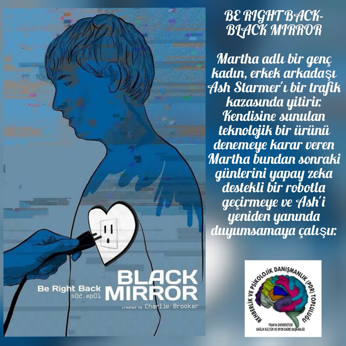 Trakya_PDR's tweet photo. Bugünkü önerimiz birbirinden bağımsız bölümlerden oluşan Black Mirror dizisinin 2. sezon 1. bölümü "Be Right Back"
#evdekal dizi izle 🏡📺 https://t.co/pSwLqjuODt