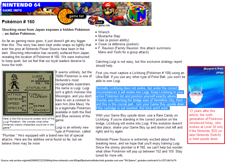 Supper Mario Broth on X: In 2000, the official Nintendo of America site  featured an April Fools' Day article claiming that Lickitung can evolve  into Luigi in Pokémon Red and Blue by