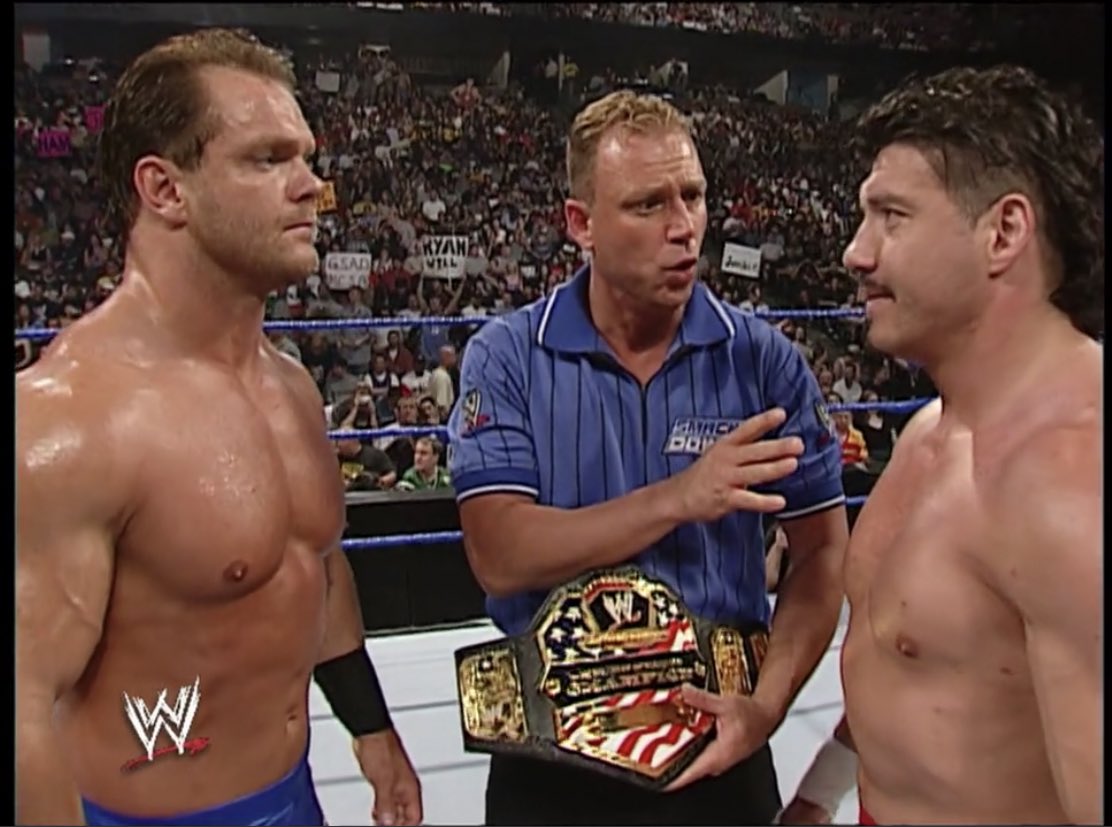 TheWrestlingCov's tweet photo. Benoit v Guerrero #Vengeance2003. (US Title)

Just watched this and another AWESOME match. I love the shot with the #WM20 logo in the background.

These two were the faces of that Mania so it was a cool foreshadow. https://t.co/fzOSXpQda0