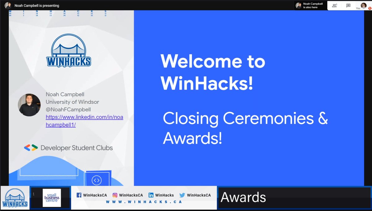 WinHacksCA's tweet photo. It's time to wrap things up and announce the awards! #Winhacks closing ceremonies are LIVE https://t.co/Sd5Od9mJJT https://t.co/SDNILzV0Tp