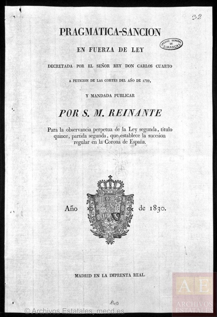 LAURA REYES on Twitter: "El 29 de marzo de 1830 el rey Fernando VII promulga la #PragmáticaSanción ―derogando la #LeySálica que excluye a las mujeres del trono― para que su hija mayor, Isabel II,