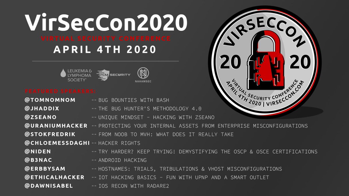 NahamSec's tweet photo. We are officially a little less than a week away from #VirSecCon2020! Here's the registration/schedule with talks from @stokfredrik, @Jhaddix, @TomNomNom, @zseano, @dawnisabel, @ethicalhacker, @niden, @B3nac, @uraniumhacker, @ChloeMessdaghi, &amp; @erbbysam! https://t.co/0UPjgGGIfg https://t.co/MAeCjhejLz