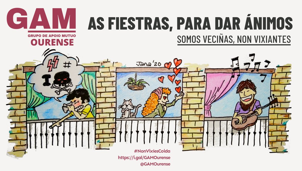 As fiestras, para dar ánimos.
Somos veciñas, non vixiantes
Que as xanelas lancen coidados e confianza!
Nin vixiancia nin castigo.
#NonVixíesCoida
gamourense.wordpress.com