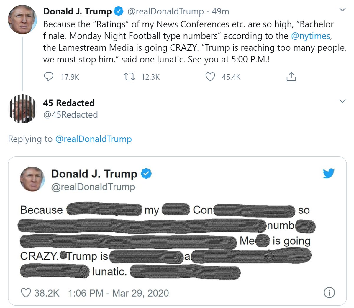 45Redacted's tweet image. #IMPOTUS #SundayMorning #ImpeachedForLife #ToiletTrump #LaughingStock #Pelosi #MoscowMitch #StableGenius #Resign #Impeach #Corrupt #Contempt #BlueWave #Resist #Resistance #TheResistance #Indivisible #ImpeachTrump #FBR #Redacted #Politics #Humor #Funny #Satire #Parody #News