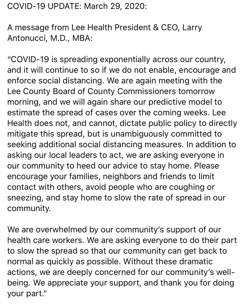 Lee_Health's tweet image. COVID-19 UPDATE: March 29, 2020:

A message from Lee Health President &amp;amp; CEO, Larry Antonucci, M.D., MBA: