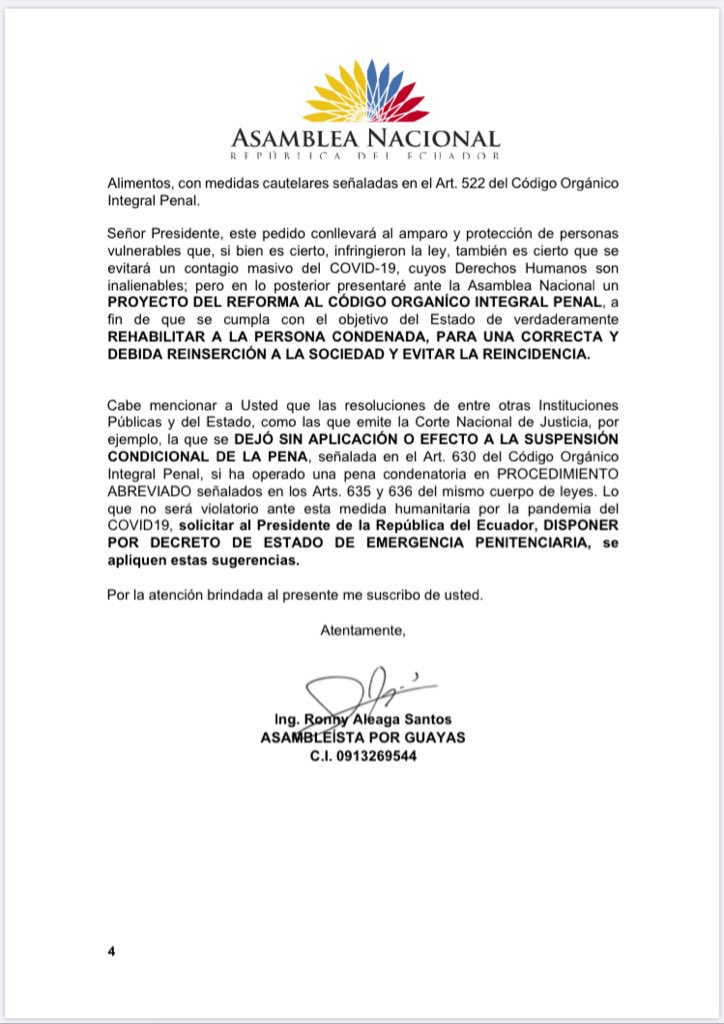 RonnyAleagaS's tweet photo. En esta crisis que afecta a todas las familias, nuestro deber es pensar cada uno de los ecuatorianos y en los suyos. He solicitado a @Lenin y a @AsambleaEcuador que se declare el estado de EMERGENCIA PENITENCIARIA a fin de sustituir la medida de prisión en los sgts casos👇🏼 https://t.co/NLfMJDuf8z