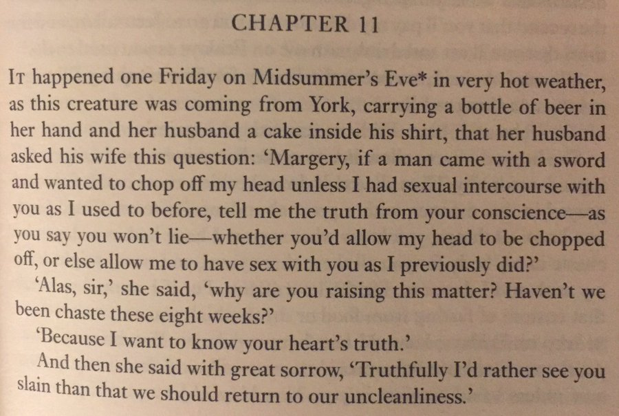 THE BOOK OF MARGERY KEMPE by margery kempe margery has visions of jesus christ that cause her to sob, wail and scream to the point it scares the people around her. she wears all white despite being a married woman. to me she's one of the most fascinating figures in history.