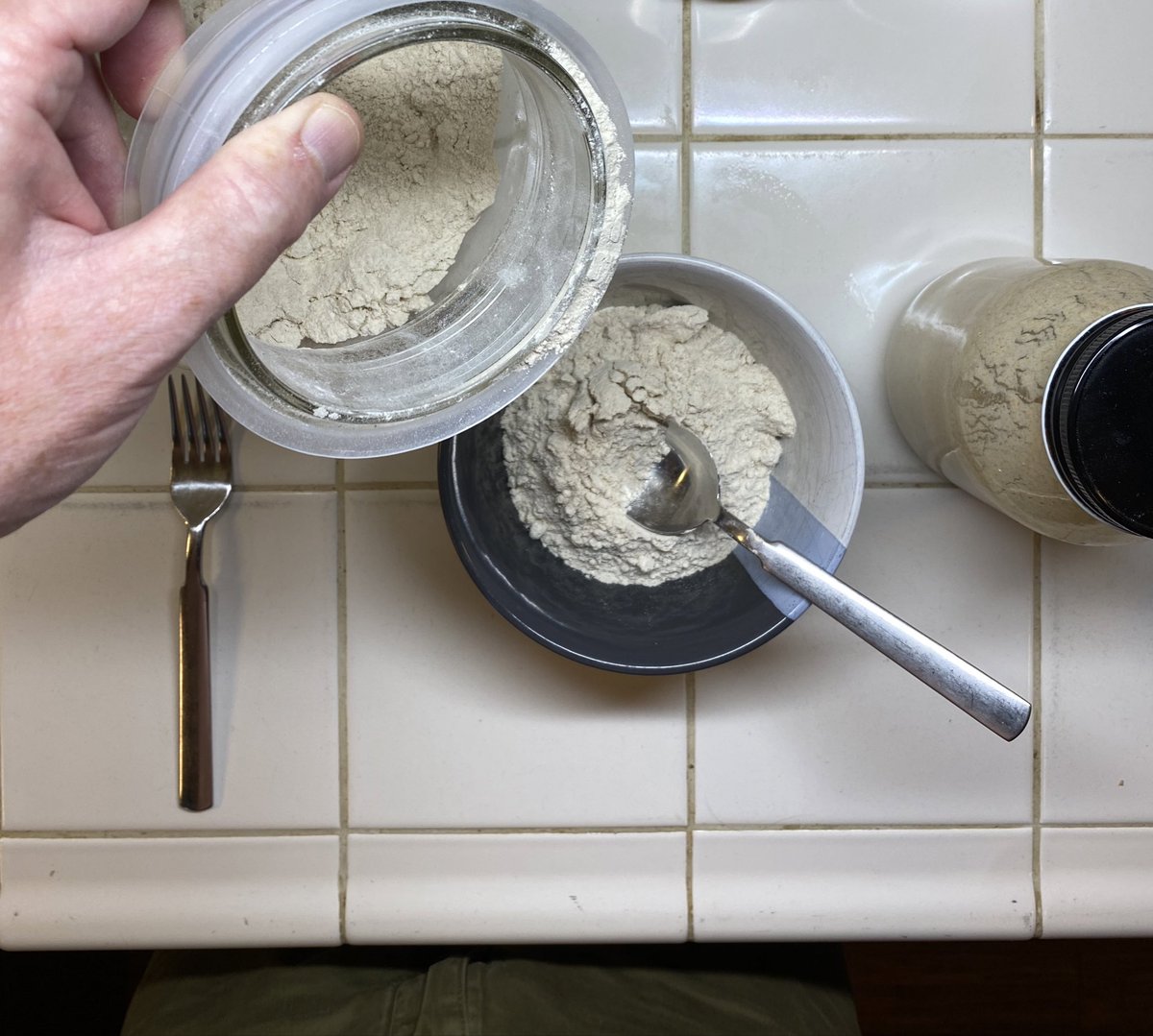 It’s a HIGHLY technical process in which you make a small amount of very wet dough: some flour, a bit of your starter culture, and some water. Your bread recipe will guide you how much you’ll need; I usually make 150% of what’s needed, and give the rest to a friend- a new starter