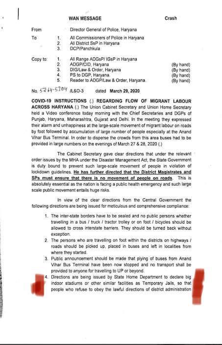 Appalled. The Union Cabinet Secy & Union Home Secy held a meeting where they ordered DGPs of  #Punjab,  #Haryana, Maha,  #Gujarat & Delhi to declare indoor stadiums as TEMP JAILS to detain migrant labourers who are walking home.  #LockdownWithoutPlan  #CoronaUpdate