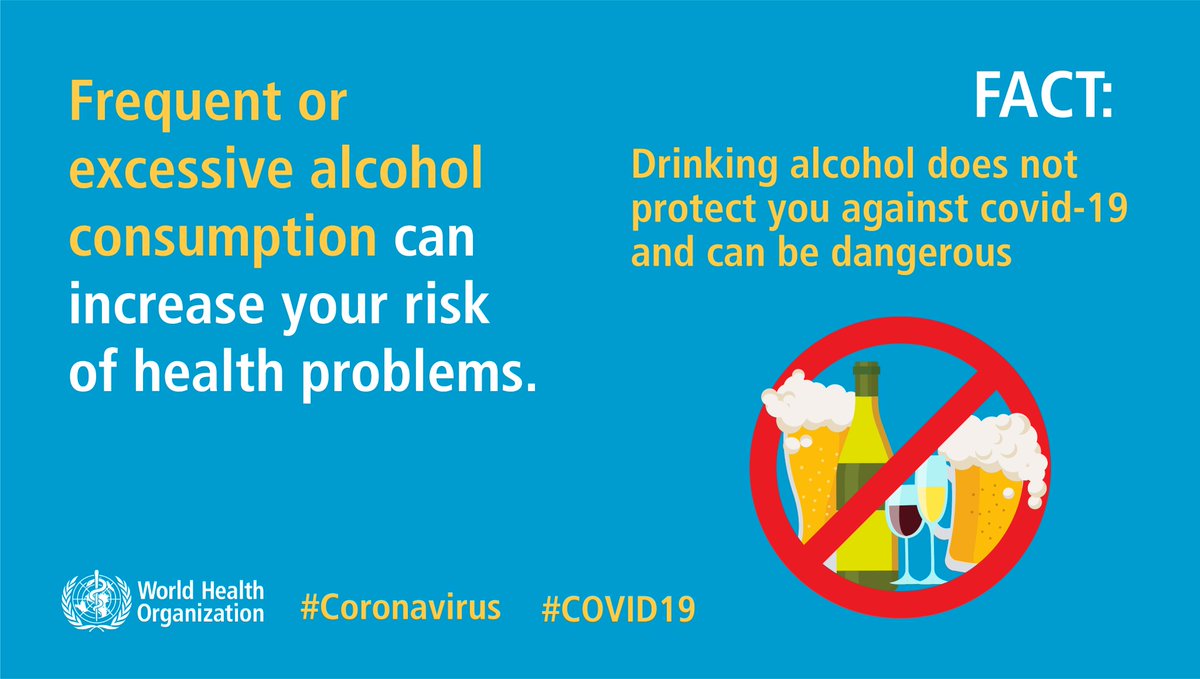 FACT: Drinking alcohol DOES NOT protect you against  #COVID19 and can be dangerous. Frequent or excessive alcohol consumption can increase your risk of health problems. http://bit.ly/COVID19Mythbusters  #coronavirus  #KnowTheFacts