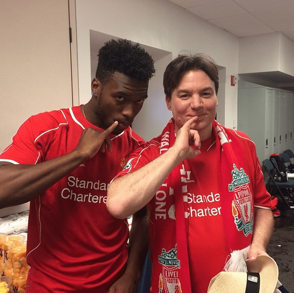 LFCphoto's tweet photo. Groovy Baby. Party time. Cinematic legend, Mike Myers, has been a Red for a very long time. There are loads of photos of him supporting the Reds! #LFCphotoCelebs https://t.co/iLAn9rEyfI