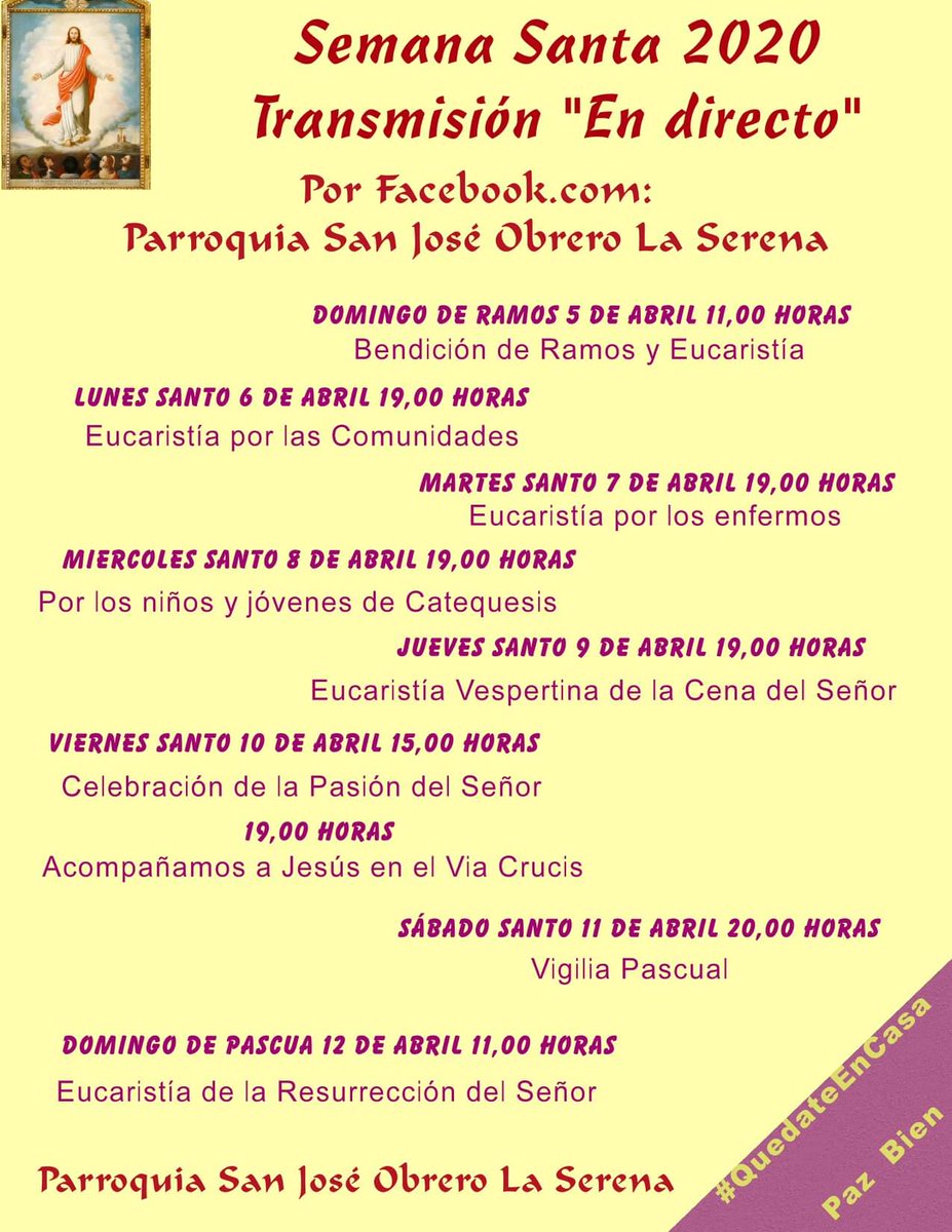 ArzobispadoLS's tweet photo. Programación de Semana Santa 2020 en parroquia San José Obrero de La Antena, transmisiones en vivo a través de la página de Facebook Parroquia San José Obrero La Serena https://t.co/JYxr6iFc13