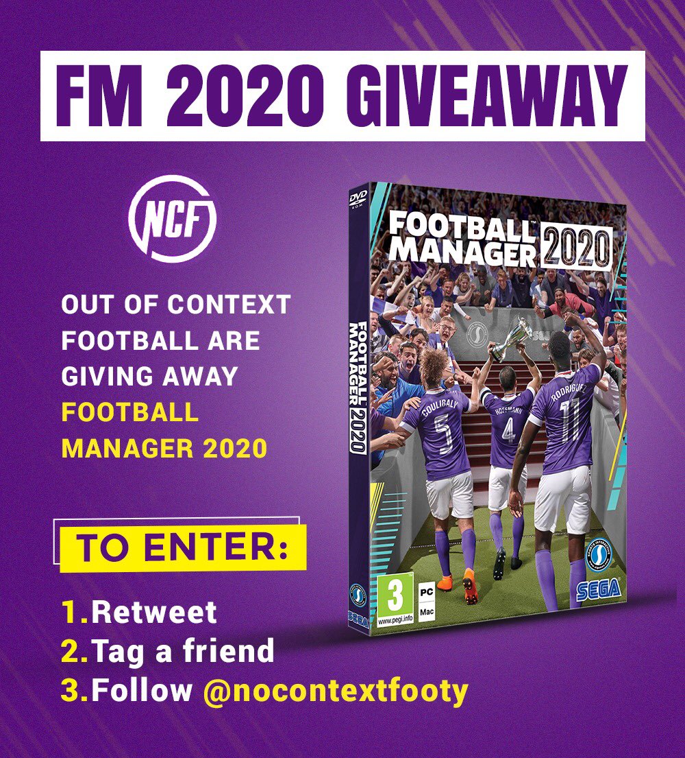 🚨 GIVEAWAY 🚨

To celebrate 1 year of <a href="/nocontextfooty/">Out Of Context Football</a> we are giving away a copy of <a href="/FootballManager/">Football Manager</a>. 

To enter: 
1️⃣ - Retweet 
2️⃣ - Tag a friend
3️⃣ - Must be following us

Good luck and #StayAtHomeAndStaySafe.