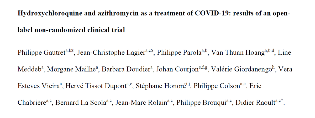 1/Should we use  #hydroxychloroquine (HCQ) +/- azithromycin to treat  #COVID19  #SARSCoV2? Let’s take a look at the data.Here’s:  #HowIReadThisPaper on the only trial published to date on HCQ for COVID19 in humans:Gautret et al:  https://www.mediterranee-infection.com/wp-content/uploads/2020/03/Hydroxychloroquine_final_DOI_IJAA.pdf (Thread)