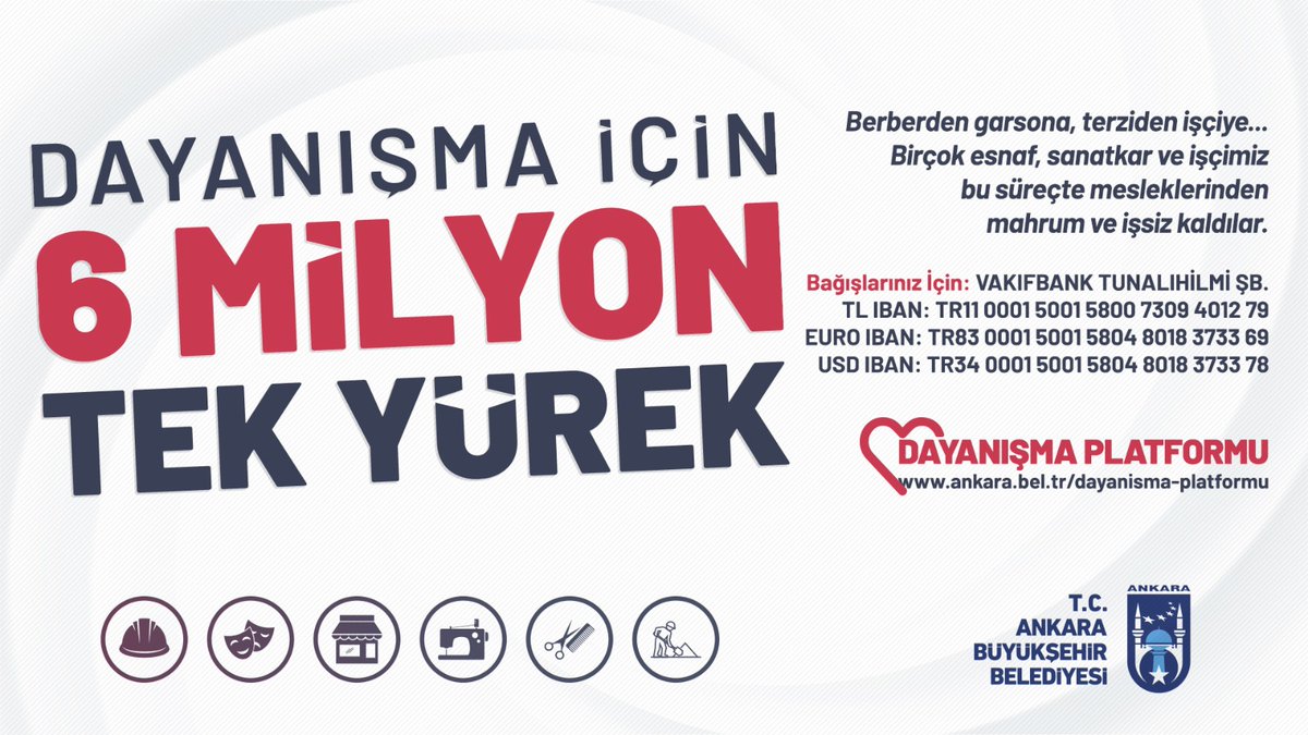 Ankara'da 100 binden fazla esnafımız ve çalışanları küresel salgın sebebiyle ticaret ve iş hayatını durdurmak zorunda kaldı.

Belediyemiz hayatın durmaması için çalışmalarına devam ediyor.

Bu dayanışmayı büyütmek için #6MilyonTekYürek olalım, zorlukları birlikte aşalım