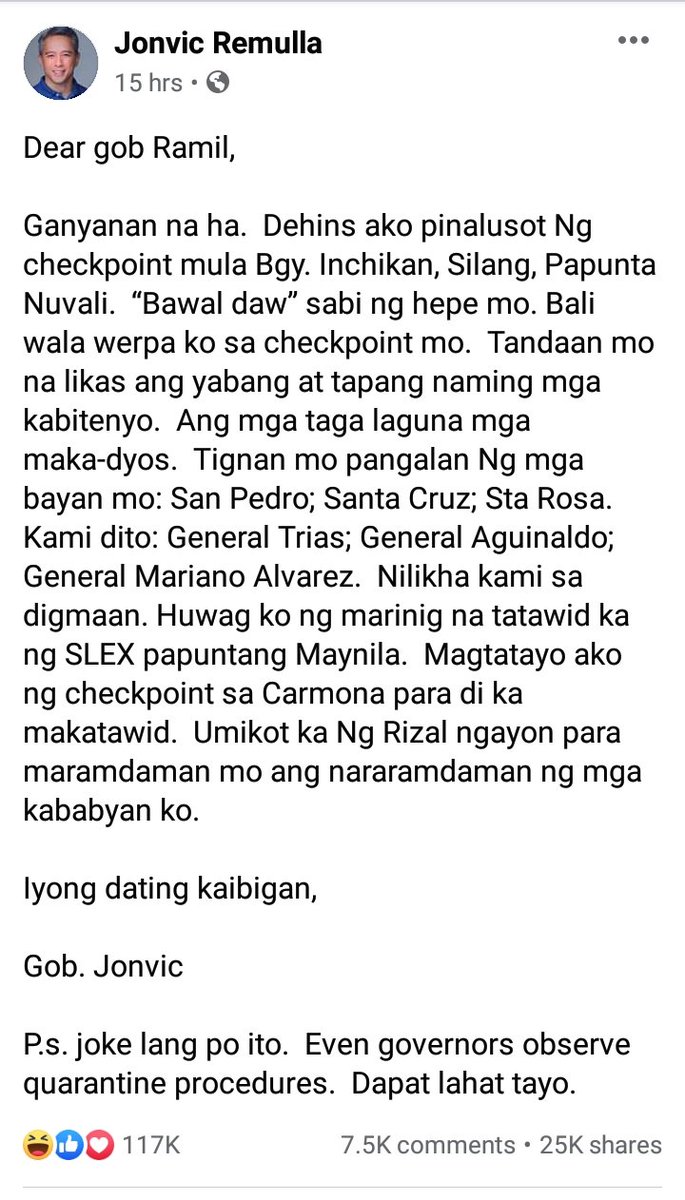ipfabella's tweet photo. The rumor and the wit of two POGING GOBERNADORS of CAVITE @jonvicremulla and LAGUNA @GovRamilHernandez

Despite of the COVID-19 Pandemic worldwide,you might be laughing while/after reading the "statements" (with sense) of them...

My YES VOTE is only for GOV. @jonvicremulla https://t.co/utjOgAAzkL