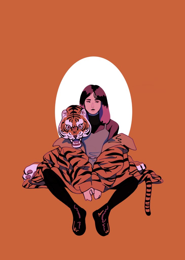 solo tiger 1girl black hair chinese zodiac year of the tiger sitting  illustration images
