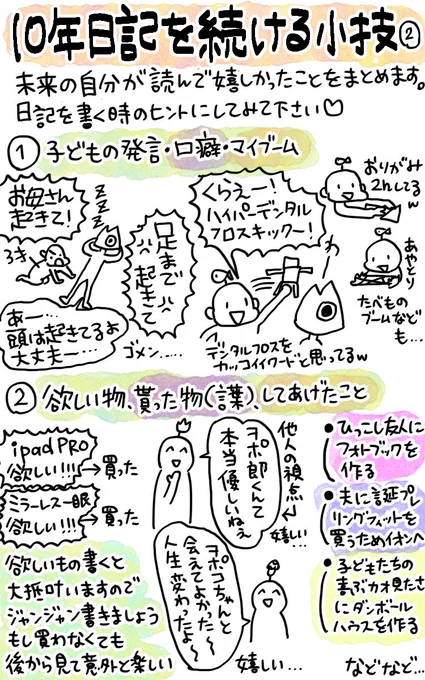 今日も10年日記書けましたか?また10年日記を続ける小技まとめをアップします。今日何書けばいいかな…なんて日にはこの辺のことを書きましょうそれって実は一過性のことだったりして、あとから読み返すとエモエモなんですよ~これらを書きまくると自己肯定感もUPしまくります!#ヲポコめも 